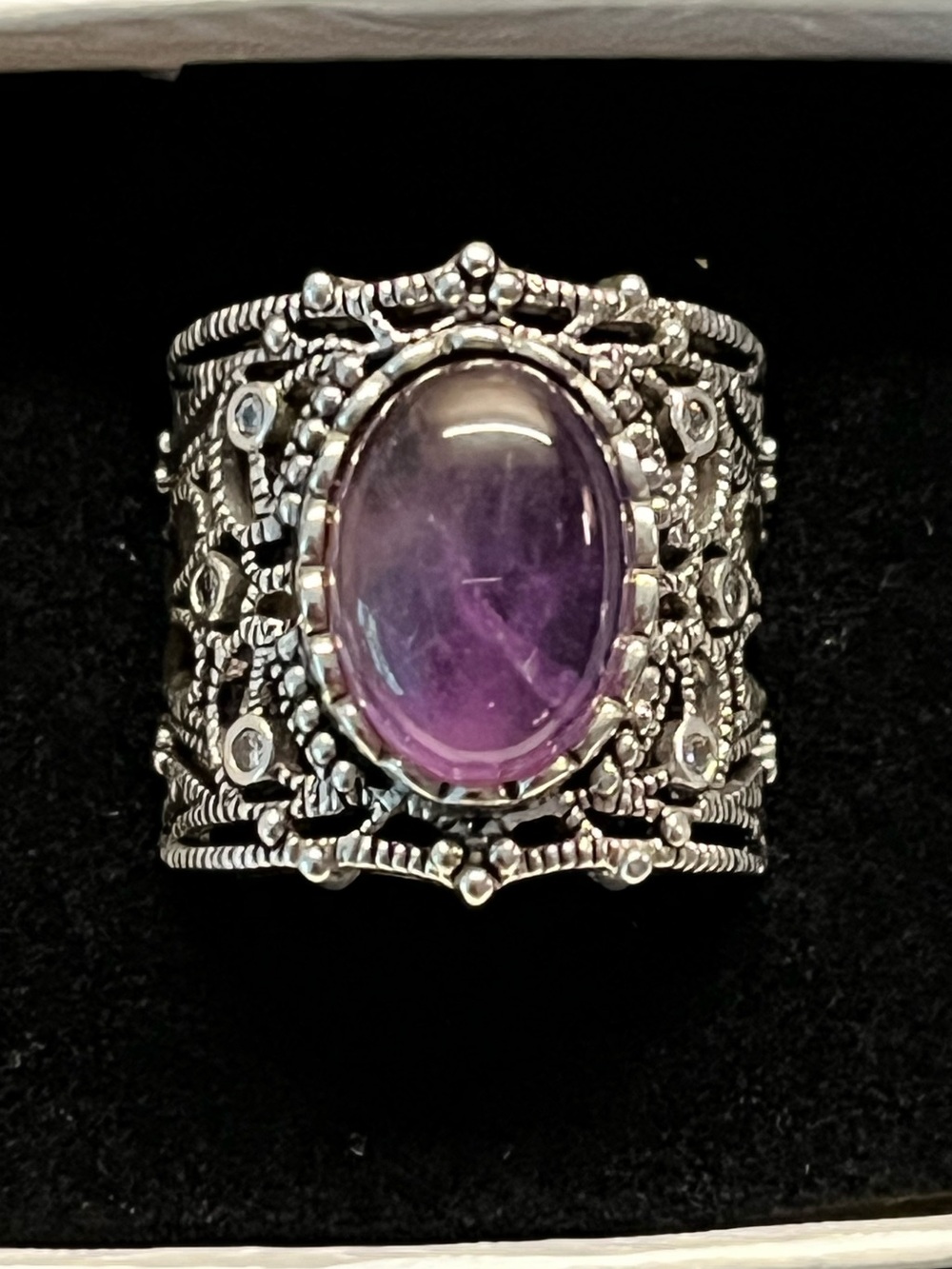 Vintage Sterling Silver Wide Band Purple Amethyst Gemstone Statement Ring size 7